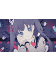 Anime girl desk pad 40x20 inches with violet twin tails, sailor collar, red ribbon, pills and Japanese text.