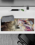Cozy adventure anime mouse pad 32x12 inches in warm sepia tones with creamy fur, pink accents, and bright red pops.