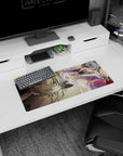 Chibi explorer with tiny fangs in fluffy gear and red hat on anime mouse pad 28x12 inches.
