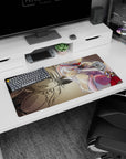 32x16 inches anime mouse pad showing wide-eyed chibi adventurer with little fangs, red hat, goggles.