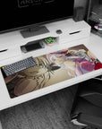 Chibi explorer with little fangs in fluffy gear and red hat on anime desk pad 36x16 inches.