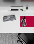 Elegant 14x10 mouse pad featuring Mikasa Ackerman against a crimson backdrop, blending strength with minimalist design for your desk setup