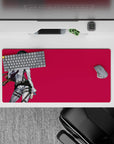 Elegant 32x16 mouse pad with Mikasa Ackerman poised against a crimson background, perfect for adding strength and elegance to your desk