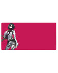 Mikasa Ackerman 32x16 mouse pad featuring a deep crimson background and Mikasa in her Survey Corps gear for an elegant and powerful workspace