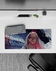 Rebellious 28x12 mouse pad with Power in a neon-lit cityscape, featuring sharp fangs and a fiery attitude, ideal for fans of fierce anime characters
