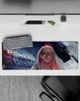 Fiery 32x12 mouse pad featuring Power with sharp fangs, glowing city lights, and an urban attitude, perfect for anime fans with a bold desk setup