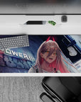 Urban chaos 36x16 desk pad featuring Power with sharp fangs and neon city lights, capturing the fiery, unstoppable attitude of this anime character