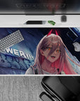 Neon-lit 40x20 desk pad with Power, featuring sharp fangs and glowing city lights, perfect for fans who love fiery, unstoppable anime characters