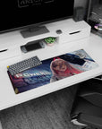 Neon-lit 32x12 mouse pad with Power, glowing city lights, and sharp fangs for a rebellious and fiery workspace vibe