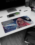 Rebellious 32x16 mouse pad featuring Power with glowing city lights and sharp fangs, perfect for adding an electrifying, unstoppable vibe to your desk