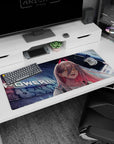 Fiery 36x16 anime desk mat with Power, sharp fangs, and glowing city lights, creating a rebellious and electrifying desk atmosphere
