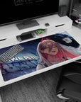 Rebellious 40x20 anime desk mat with Power in a neon-lit urban environment, complete with sharp fangs and a fiery attitude for your desk