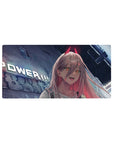 Power 32x16 mouse pad featuring glowing city lights, sharp fangs, and a rebellious urban vibe, perfect for a fiery, unstoppable anime workspace