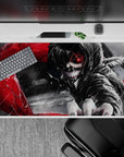 40x20 inches mouse pad with Kaneki design, showcasing his red eye and blood-red kagune against a stormy backdrop for a dark, action-packed atmosphere.