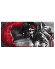 Mouse pad featuring Kaneki design, 32x16 inches, with his red eye and blood-red kagune set against a stormy backdrop for a gritty anime atmosphere.
