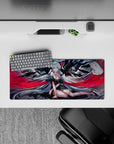 28x12 inches gothic romance anime mouse pad in smoky grays, ink-black feathers, and crimson ribbons.