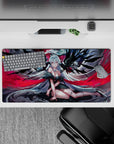 32x16 inches gothic anime mouse pad in smoky grays and rose reds with ink-black feathers and crimson ribbons.