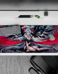 36x16 inches anime desk pad in smoky grays, ink-black feathers, and crimson rose reds, gothic vibe.