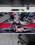 Moody ink-black and crimson anime desk pad 40x20 inches, smoky grays, rose reds, gothic romance vibe.