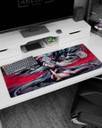 36x16 inches desk pad showing a silver-haired winged angel lounging in black feathers and red ribbons.