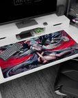 Silver-haired winged anime angel lounging in black feathers and red ribbons desk pad 40x20 inches.
