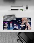 Neon-lit anime girl mouse pad 28x12 inches, crisp cyan and black tones, flirty fearless sci-fi vibe.