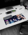 28x12 inches anime mouse pad showing icy-eyed blonde lounging before glowing city towers, half-smirk pose.