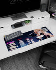 Blonde icy-blue-eyed anime girl lounging before neon towers mouse pad 32x12 inches, sci-fi chic gloves.
