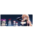 Neon cyberpunk anime girl mouse pad 32x12 inches with blonde in black bodysuit and city skyline.