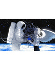 Anime girl space astronaut desk pad, starlit black background with winged silver-haired girl, 40x20 inches.