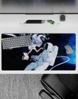 32x16 inches galaxy anime mouse pad in deep navy with bright moonlight and electric blue haze, calming vibe.