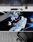 40x20 inches anime desk pad in deep navy space with bright moon glow and electric blue haze, calming vibe.