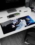 Silver-haired anime angel reaches toward an astronaut on a tether, desk pad 36x16 inches, cute space scene.