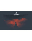 Mouse pad featuring Colossal Titan, 40x20 inches, with Eren Yeager facing destruction of Wall Maria in dark blues and fiery reds.