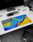 Colorful 32x16 inches mouse pad showcasing sunset liquid waves with vivid blue and golden yellow, perfect for brightening your workspace.