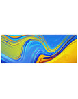 Compact 32x12 inches mouse pad featuring abstract swirling liquid waves in vivid blue and golden yellow, perfect for adding colorful flair to smaller desks.
