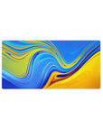 Mouse pad featuring swirling liquid patterns of vivid blue and golden yellow, 32x16 inches, perfect for adding colorful, dynamic energy to your workspace.