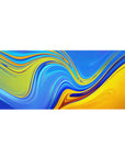 Sunset liquid waves desk pad featuring abstract swirling patterns in vivid blue and golden yellow, 36x16 inches, perfect for adding colorful flair to your desk setup.