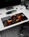 Modern 32x16 inches mouse pad featuring Solo Leveling design, with fiery red-orange flames and Sung Jin-Woo for an intense, high-energy desk vibe.