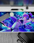 Purple neon vibe anime desk pad 40x20 inches in electric blues, teal accents, and calming sparkle.