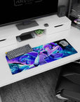 32x12 inches anime mouse pad showing purple-haired girl lounging, arms up, smiling under a glowing moon.