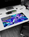 32x16 inches mouse pad featuring a playful purple-haired anime girl lounging back under a glowing moon above waves.