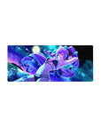 Neon cosmic anime girl mouse pad 28x12 inches with purple-haired bikini pin-up, moonlit ocean.