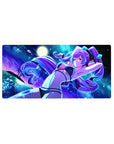 32x16 inches anime girl mouse pad with purple-haired bikini pinup, neon ocean moon, and floating planets.