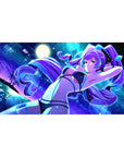 Neon anime girl desk pad 40x20 inches with cosmic beach, moon glow, planets, and starbursts.