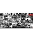 Berserk collage desk pad featuring Guts' battles, the Eclipse, and haunting dark landscapes, 36x16 inches, perfect for adding legendary storytelling to your desk setup.