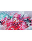 Zero Two desk mat 40x20 featuring bold pink red and teal strokes for vibrant Darling in the Franxx style