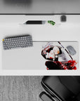 32x12 inches anime mouse pad in silky blacks and vivid reds, dramatic mood with floral accents and sharp contrast.