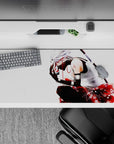 Moody 36x16 inches anime desk pad in silky blacks with vivid reds and delicate floral accents.