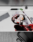 40x20 inches anime mouse pad in silky blacks and bold reds, dramatic vibe with delicate floral accents.